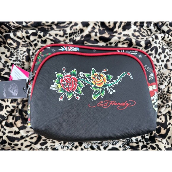 Ed Hardy Cosmetic Makeup Pouch Bag NWT Roses, Love Kills Slowly Tattoo Large - Picture 1 of 3